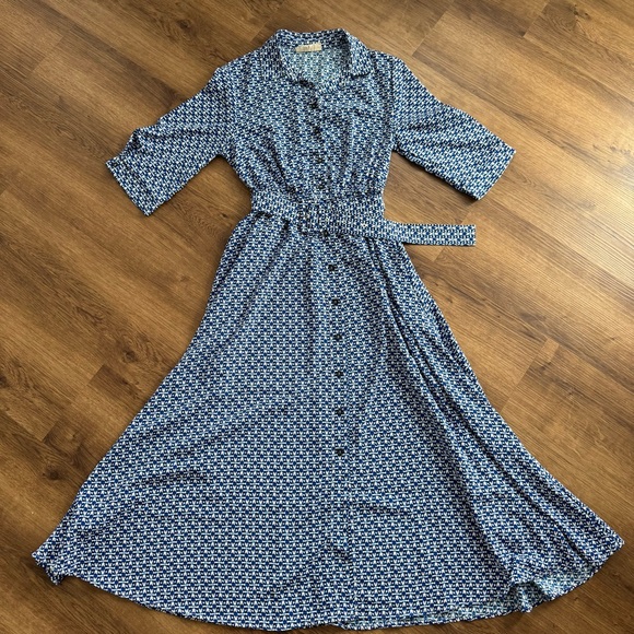 MELLODAY Dresses & Skirts - EUC - Melloday - Elegant Blue Patterned Women's Belted Midi Dress with Collar